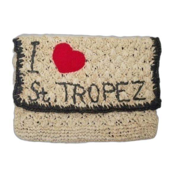 Mua Mua clutch I Love St. Tropez straw red yarn heart Bali vacation resort - Picture 1 of 7